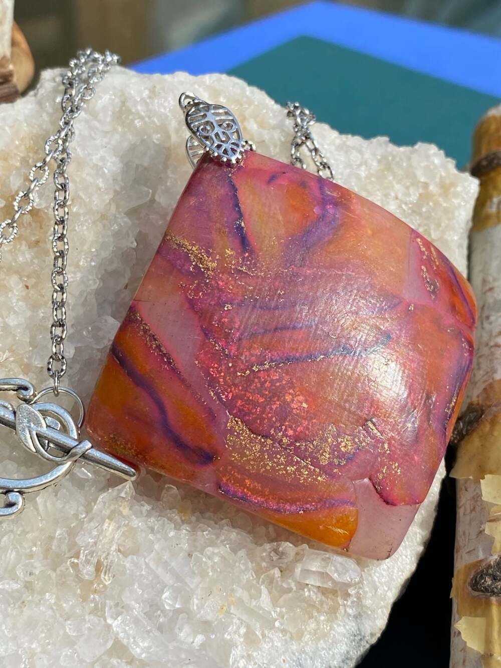 Handmade  Abstract polymer clay Pendant Necklace with Gold Flakes and Floral Tog